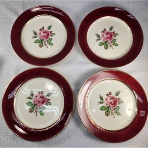 4 Vintage Stetson 22kt Gold Dinner Plates Lady Marlow Rose Burgundy 10"